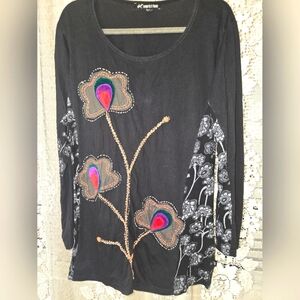 Leopards & Roses, Women's Black Floral Embroidered Top Tunic, Large